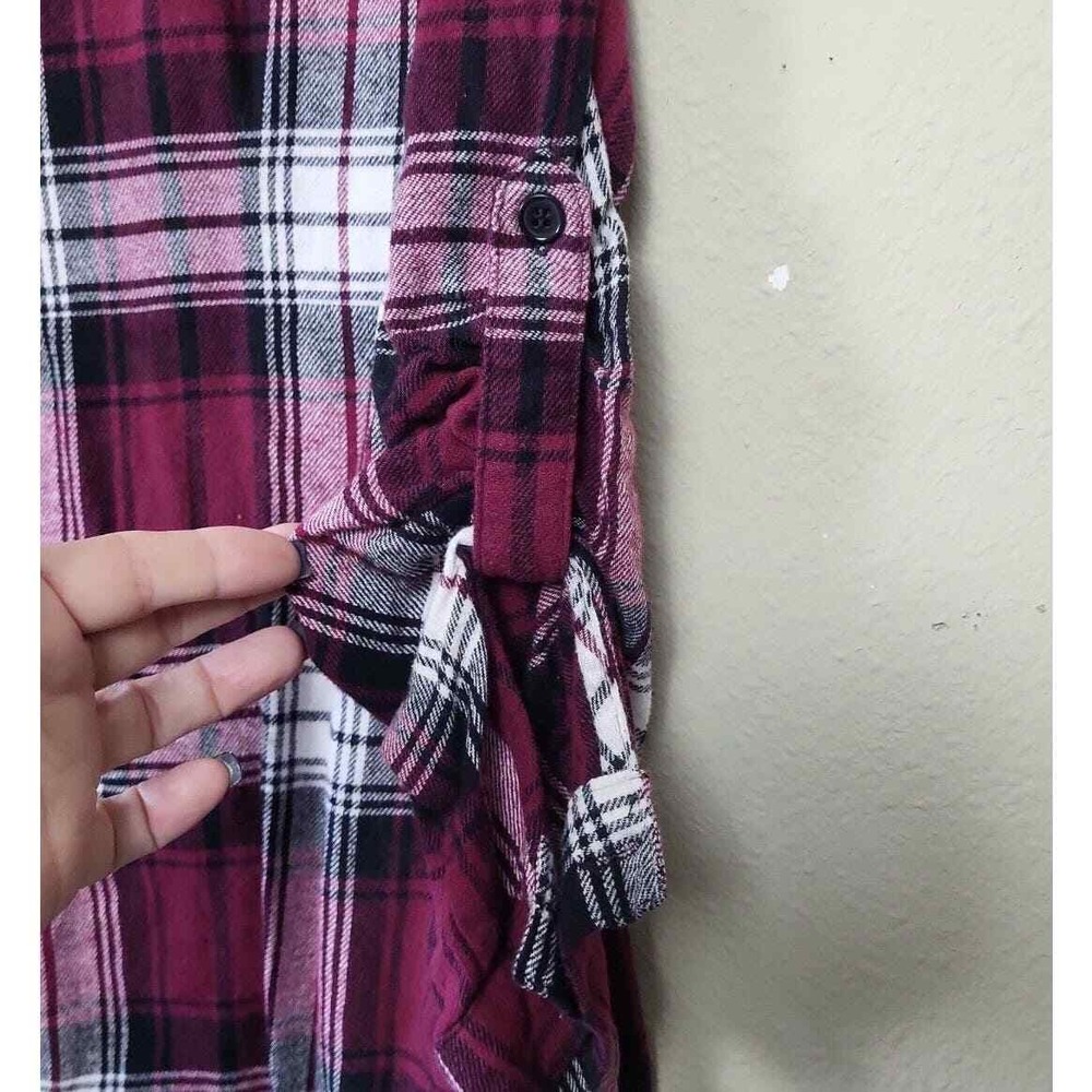 Nobo Women's Size L Button Up Plaid Blouse Berry With Lace Inset Roll Tab Sleeve - Picture 7 of 8